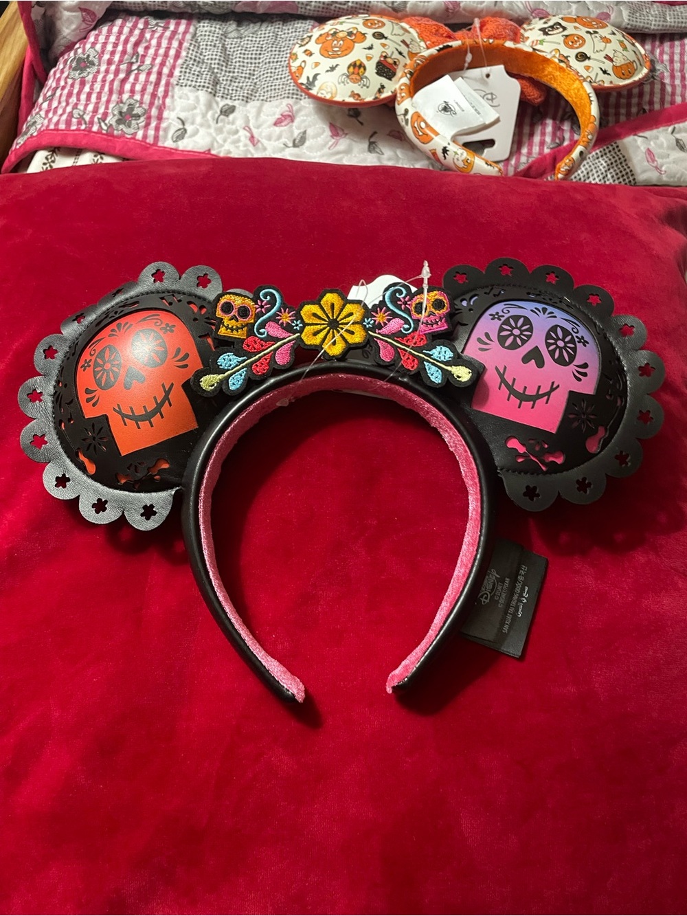 Disney Day of the Dead Skull Ear Headband - Black with Pink & Orange Skulls